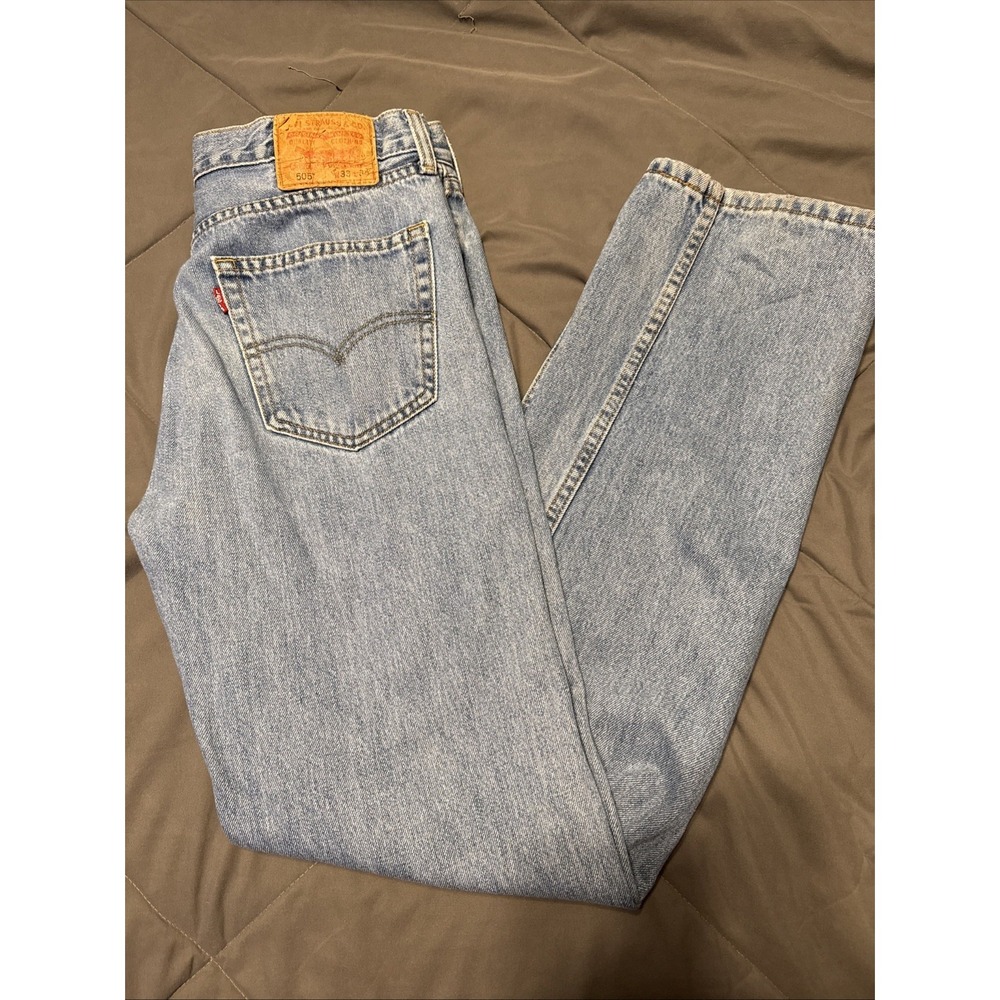 Levis 505 Jeans Mens 33x34 Blue Denim Regular Straight Leg Light Wash Red Tab
